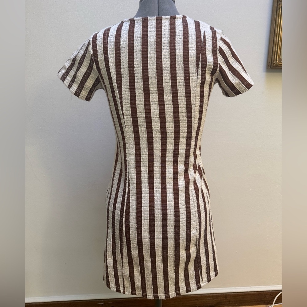 Zara Trafaluc Rustic Buttoned Tan and Brown Striped Mini Dress - Picture 4 of 5